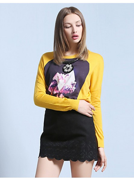 Women's Going out Street chic Spring / Fall T-shirtPrint Round Neck Long Sleeve White / Black / Yellow Wool