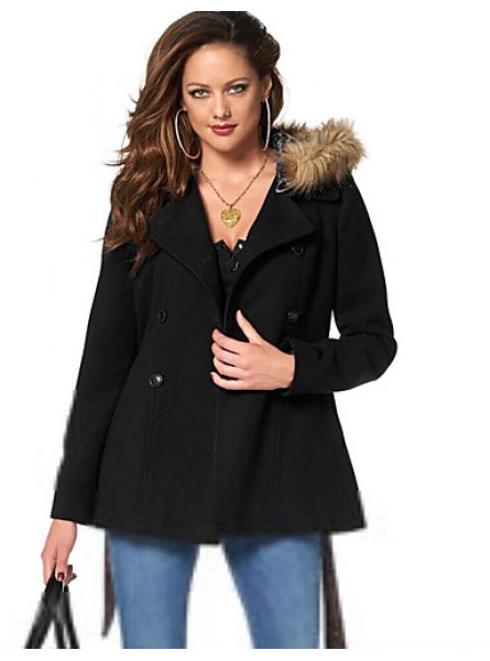 Women's Casual/Daily Vintage Coat,Solid Hooded Long Sleeve Winter Black Rayon Opaque