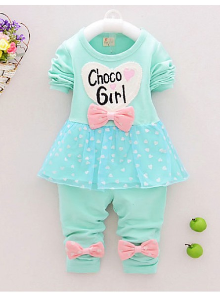 Girl's Cotton Spring/Autumn Casual Bowknot Cartoon Patchwork Long Sleeve T Shirt And Pants Two-piece Set  